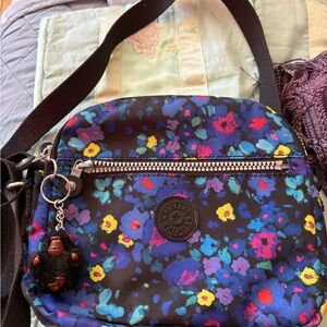 Kipling Black Floral Crossbody with Blue, Pink & Yellow Accents